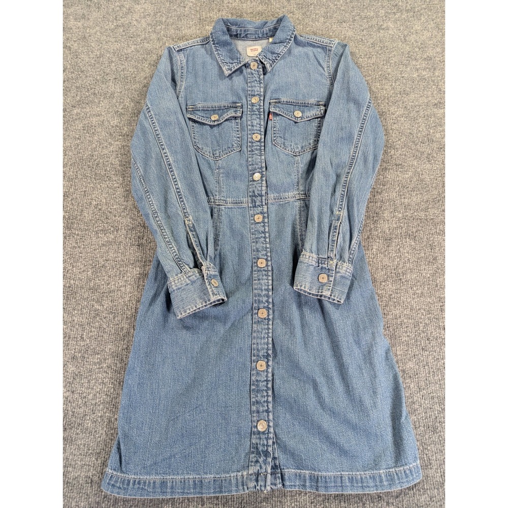 Levis Womens Medium Wash Denim Long Sleeve Button Front Shirt Dress XS